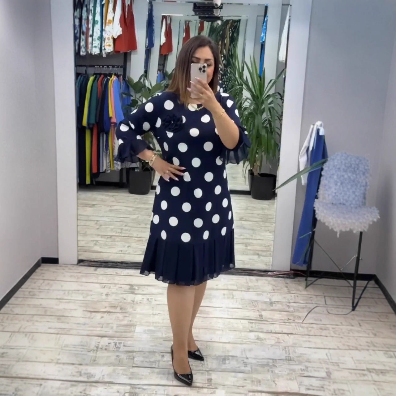 Rionach | Pleated Polka Dot Dress